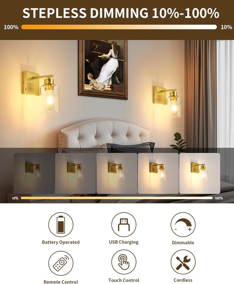 Rayogale Rechargeable Wall Sconce, Gold Battery Operated Wall Sconce Set of 2 with Timer Function, Easy Install Dimmable Wireless Wall Lamps for Living Room, Bedroom, Hallway, Entryway Decor 3000K - Image 2